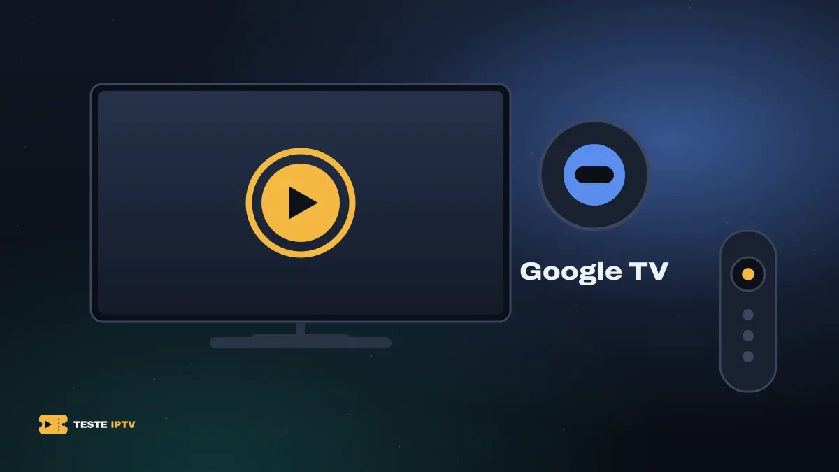 Chromecast com Google TV redondo ao lado de uma TV tocando vídeo e um controle remoto
