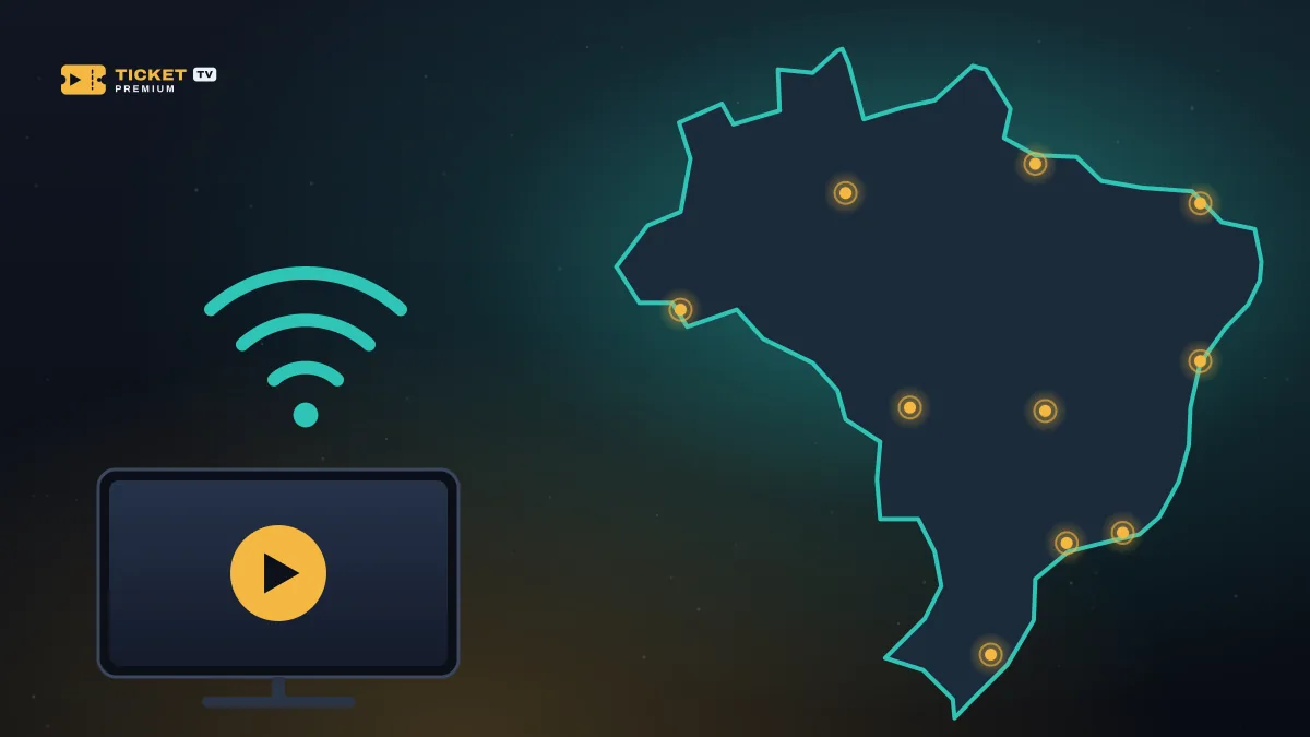 Mapa estilizado do Brasil com pontos dourados em várias regiões, um símbolo de Wi-Fi e uma TV