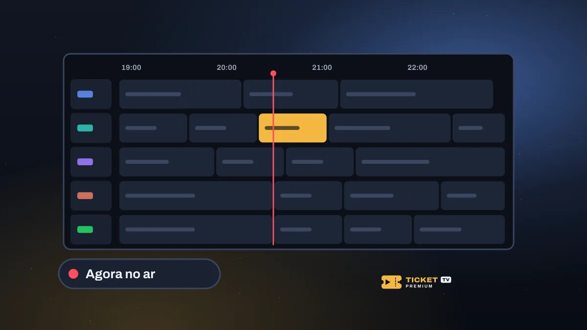 Grade de programação com canais em linhas, horários em colunas e um programa destacado no horário atual